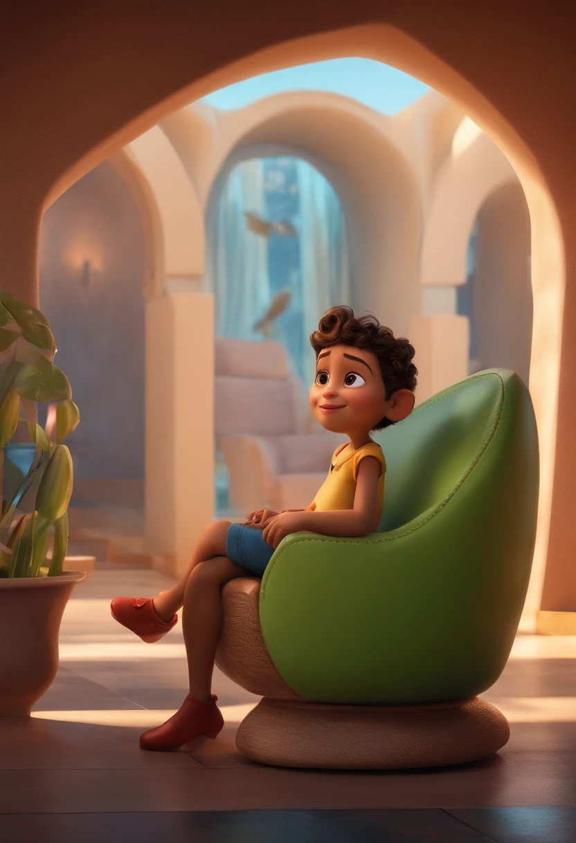 Um arquiteto de sonhos futurista, mas realista, inspired by Pixar animation, de perto. The character takes center stage with captivating facial expressions, oferecendo um toque de irrealidade.