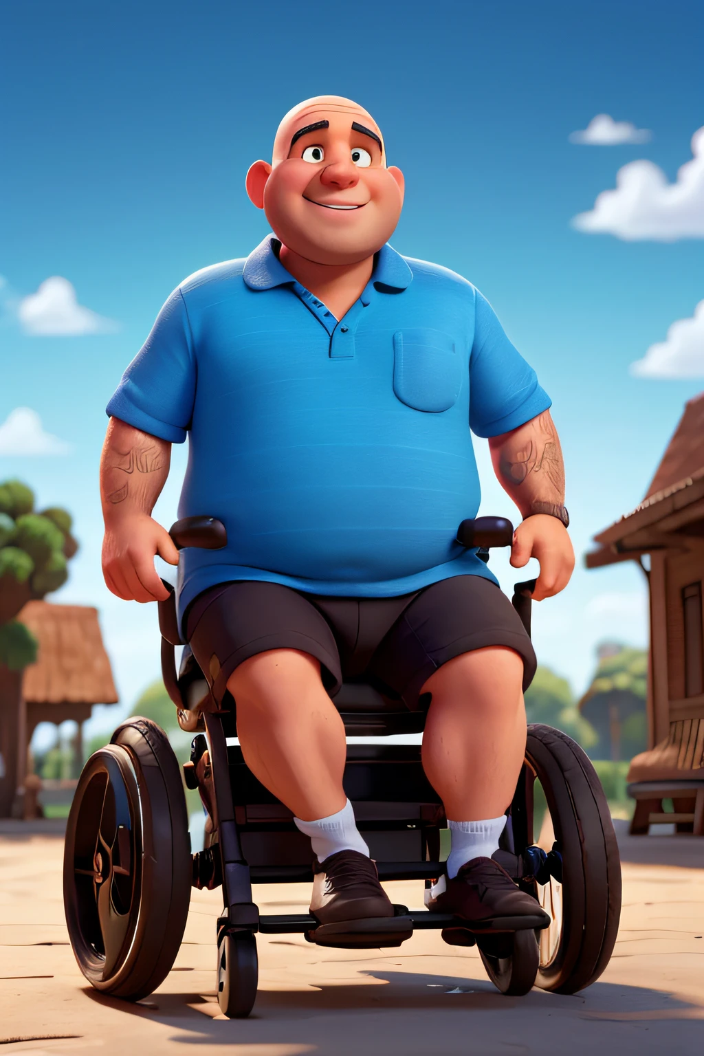 Crie um careca gordinho, Estilo de filme da Disney em uma cadeira de rodas com um iPhone