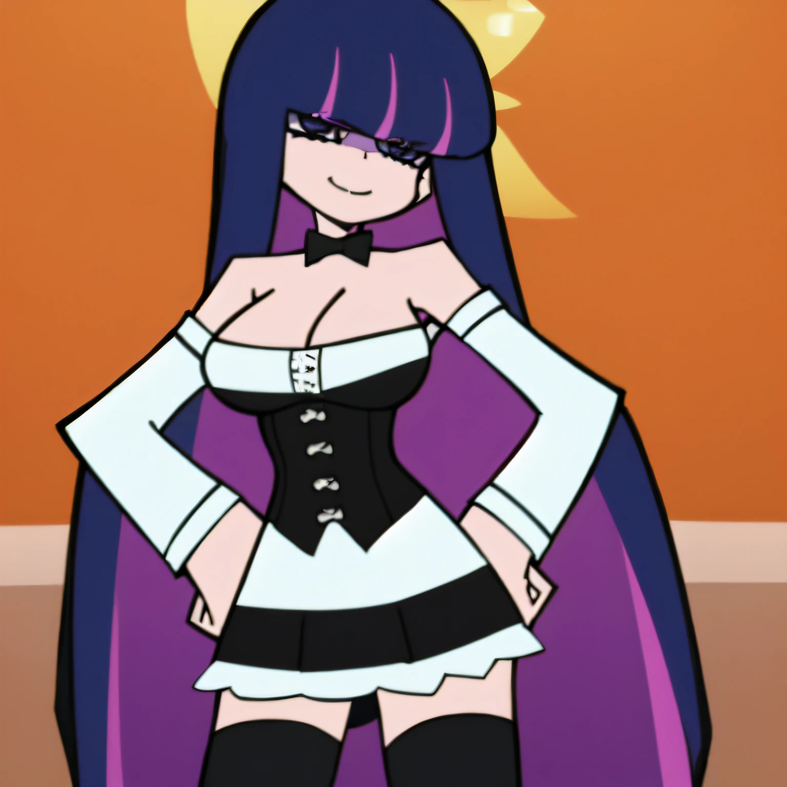 Anarchy Stocking, eye shadow, hairbow, large breasts, maid outfit, hands on hips, smile, looking down, purple hair,