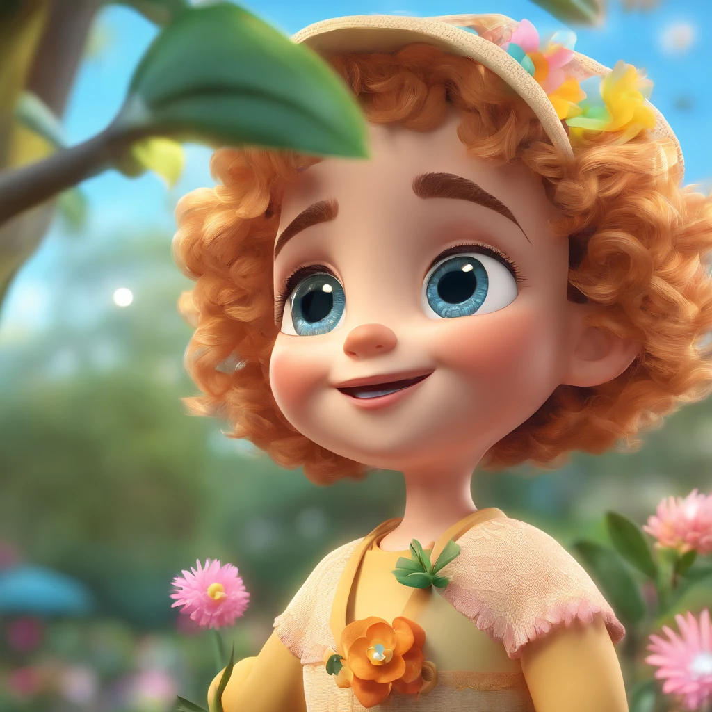 Imagem de uma menina de 3 anos com pele clara, cabelo dourado curto, curly and messy, correndo em um jardim na floresta com flores coloridas. She is wearing an adorable outfit and displays a happy and radiant expression. A imagem deve ter qualidade perfeita, with a sharp focus (desordem: 0.8), deve ser uma obra-prima (1.2) e realista (1.2), com um efeito bokeh para melhorar a qualidade. A pele da menina deve ser detalhada (1.3), com detalhes intrigados. Image resolution should be 8K, com destaque para os detalhes dos olhos e a felicidade da cena. Ademais, o estilo do desenho da personagem deve ser em forma de cartoon