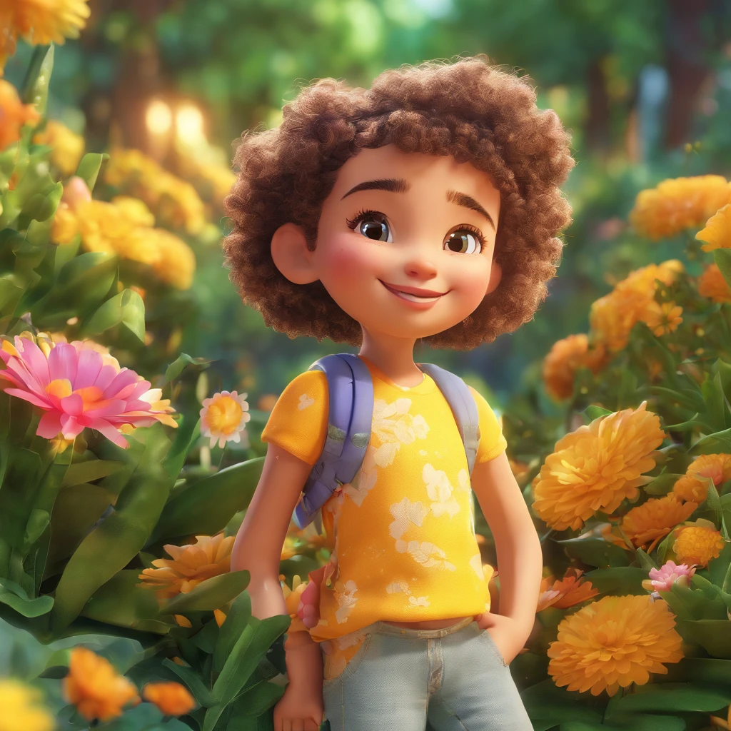 Imagem de uma de 3 anos com pele clara, cabelo dourado curto, curly and messy, correndo em um jardim na floresta com flores coloridas. She is wearing an adorable outfit and displays a happy and radiant expression. A imagem deve ter qualidade perfeita, with a sharp focus (desordem: 0.8), deve ser uma obra-prima (1.2) e realista (1.2), com um efeito bokeh para melhorar a qualidade. A pele da meninaser detalhada (1.3), com detalhes intrigados. Image resolution should be 8K, com destaque para os detalhes dos olhos e a felicidade da cena. Ademais, o estilo do desenho da personagem deve ser em forma de cartoon