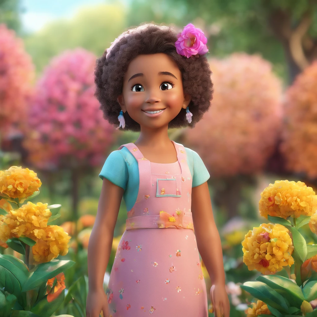 Um filme inspirado na Disney Pixar ( NEGRA JOVEM COM CABELO LONGO CACHEADO PRETO) dentro A cena estar na arte distinta do estilo PIXAR, descolada e estilosa