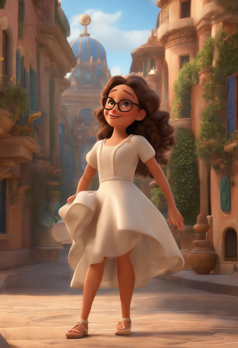 "(best quality,ultra-detalhado,Realistic:1.37),3D rendering,illustration,design de personagens,cabelos curtos e cacheados escuros,belos olhos detalhados,wearing white glasses,Estilo Pixar,morena mulher,Dancing on the Disney stage,atmosfera animada,vivid colors,luzes de palco,expression joyful"
