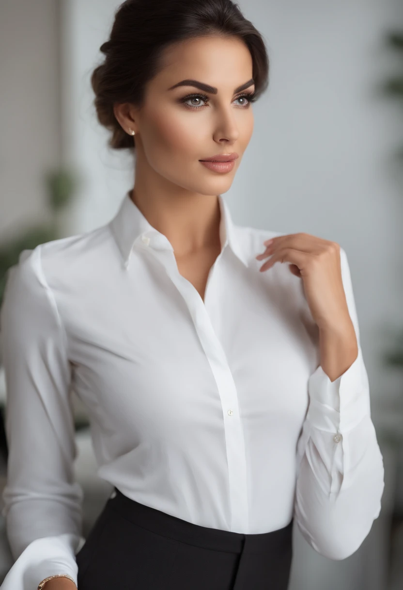 This beautiful teacher wore a simple and elegant white shirt with a pair of thin black pants, mostrando sua figura alta e curvas graciosas. Seus longos cabelos eram xale, levemente encaracolado, and exhaled a faint fragrance. Their facial features are delicate, His eyes are bright and witty, Your eyebrows are thin and natural, Her lips are pink and sexy, and his face is round and smooth.