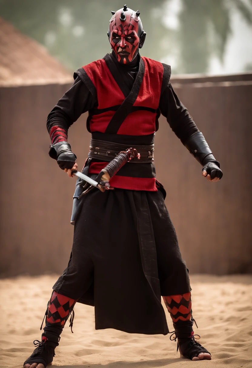 Darth Maul como personagem de combate mortal, vestido com roupas de combate mortais, (Roupas de combate mortais:2), (imagem de corpo inteiro 2)
