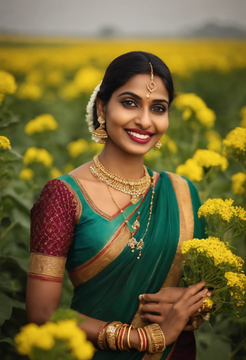 A beautiful Indian Marathi women, Marathi jewellery,Marathi style saree slim figure with mistryus smile face , clear high quality image background is agriculture land full of mustard plant