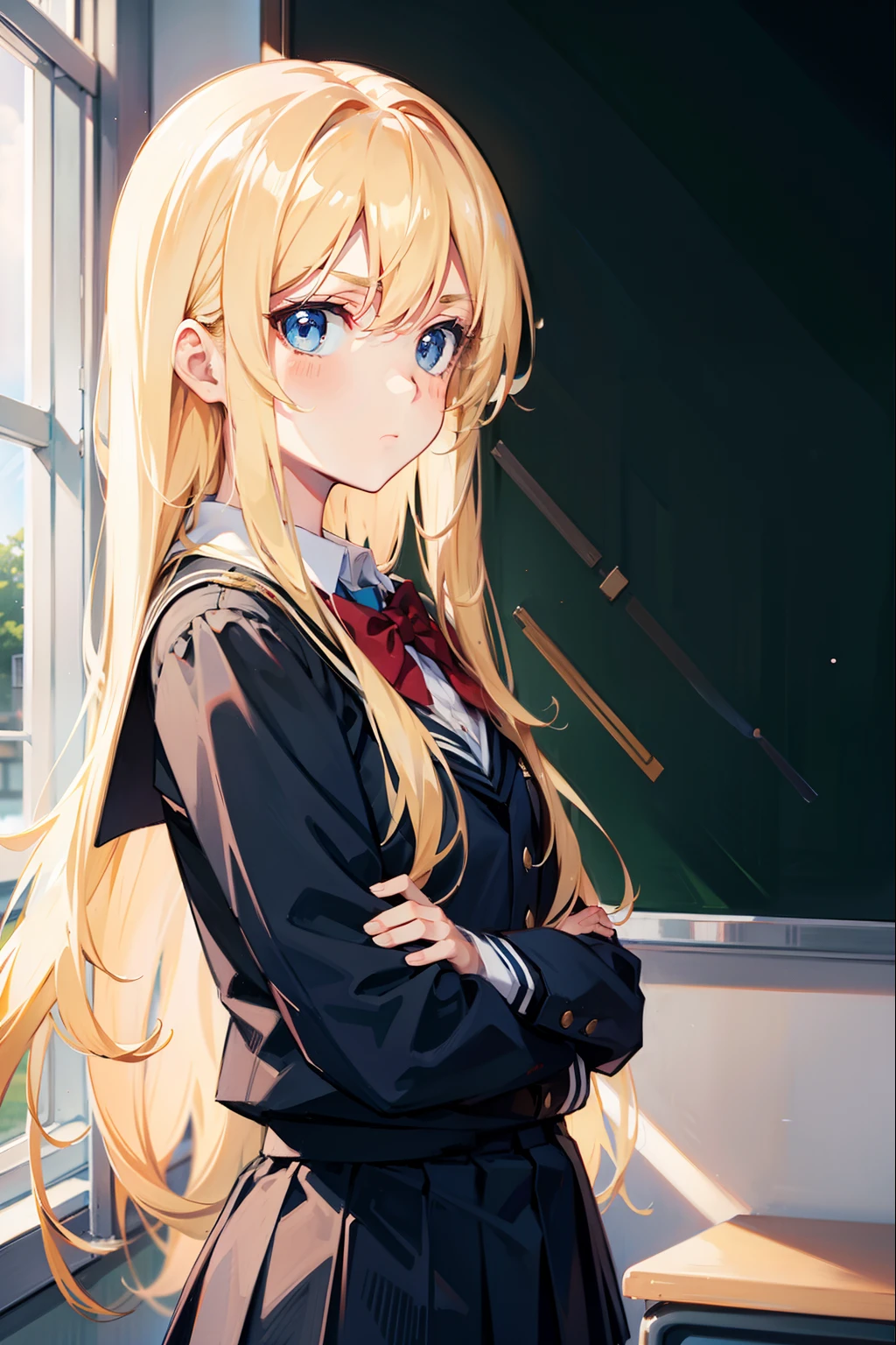 blonde anime girl, small breasts, big ass, wearing a high school student uniform, red skirt, pulling up skirt, showing ass, student, at school, blue eyes, smirking and blushing