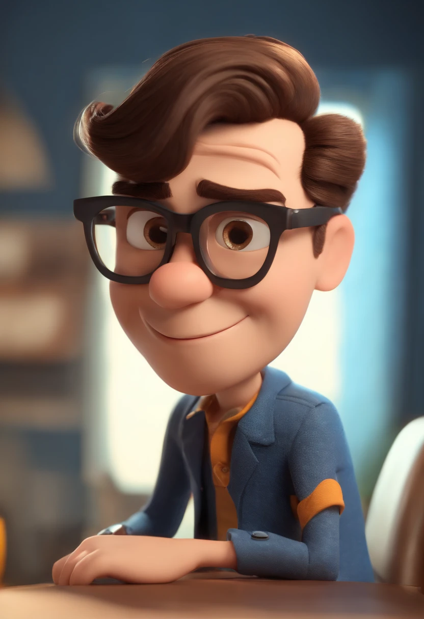 Cartoon character of a man wearing black glasses and a blue shirt, um personagem animado, Caractere estilizado, animation style rendering, 3D estilizado, Arnold Maya render, 3 d render stylized, toon render keyshot, Personagem 3D, Personagem 3D, 3d rendering stylized, 3 d character render, personagem de desenho animado, Personagem de close up, Pose de personagem, (Estilo Pixar) (master part:1.2) (Bokeh) (best quality) (pele detalhada) (textura detalhada) (8k) (argila) (Cinematic lighting) (foco nítido，Senta e vaza a parte superior do corpo