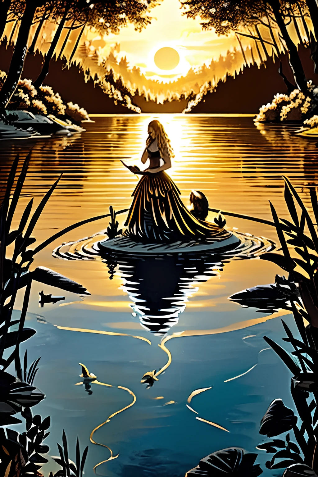 Golden hour, glow, sun, lake, lady of the lake, misty, forest, birds, high quality, detailed,