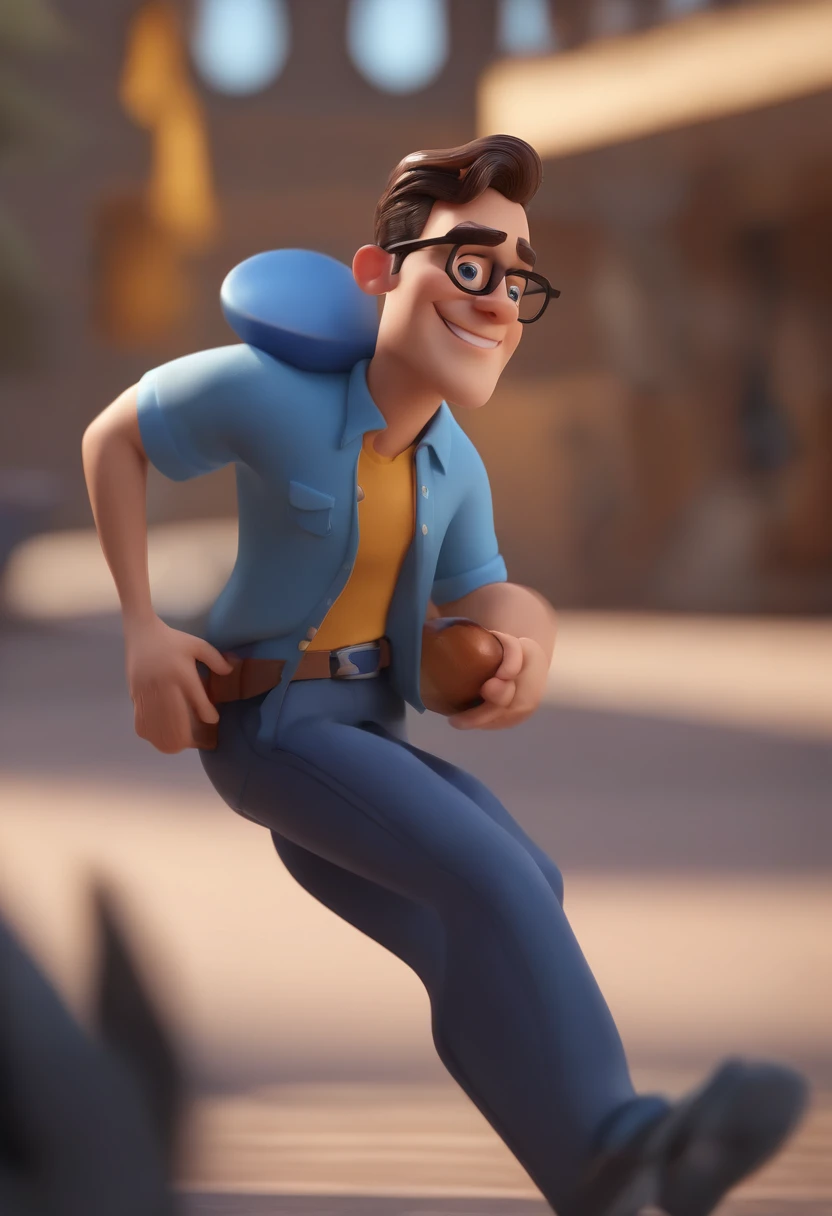Cartoon character of a man wearing black glasses and a blue shirt, um personagem animado, Caractere estilizado, animation style rendering, 3D estilizado, Arnold Maya render, 3 d render stylized, toon render keyshot, Personagem 3D, Personagem 3D, 3d rendering stylized, 3 d character render, personagem de desenho animado, Personagem de close up, Pose de personagem, (Estilo Pixar) (master part:1.2) (Bokeh) (best quality) (pele detalhada) (textura detalhada) (8k) (argila) (Cinematic lighting) (foco nítido,Senta e vaza a parte superior do corpo