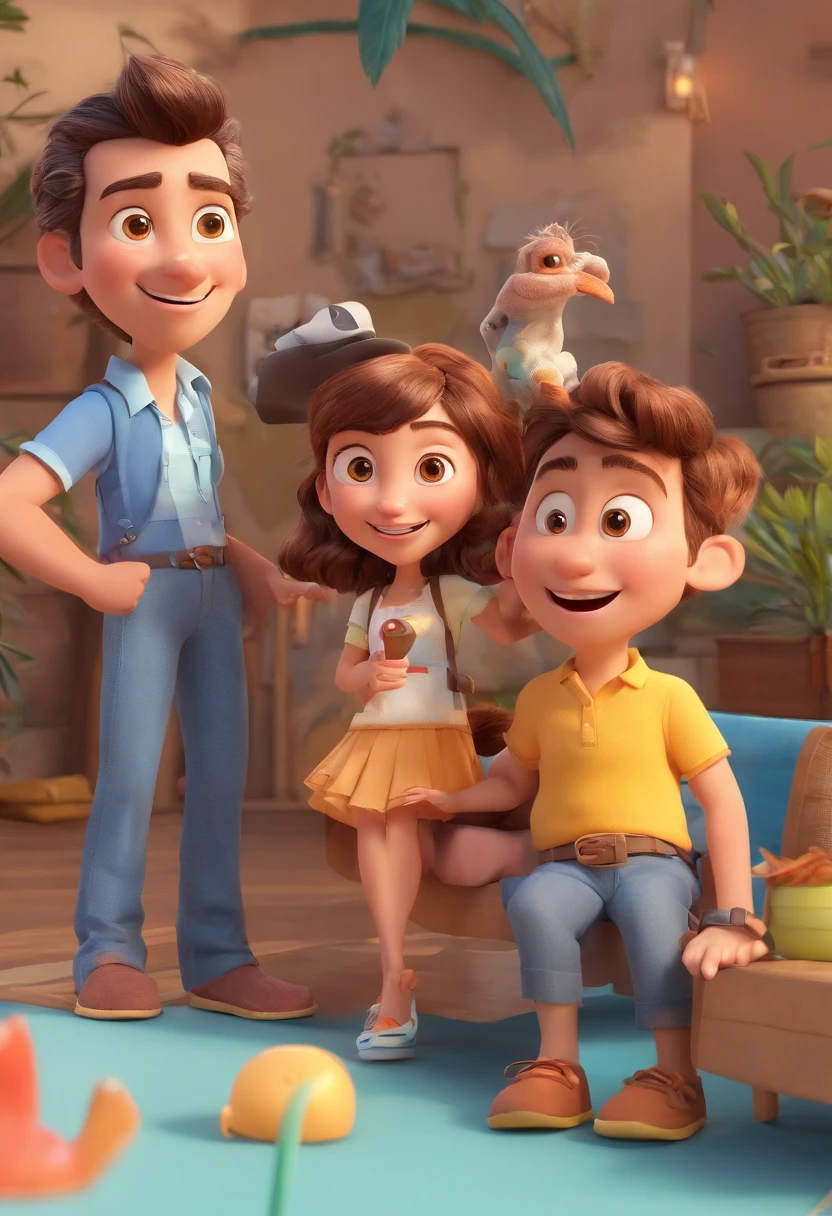 Cartoon of friends having fun on vacation together, 3D Animation Movie Poster, Poster de filme animado, pixar 3 d animation style, pixar renderman rendering, maia 8 mil, animated film, Disney Pixar Estilo 3D, amigos felizes saem juntos, all wearing light blue shirts and cream brown long pants, camisa azul clara, cream brown pants, ao ar livre, vacation, Disney Pixar Animation Poster