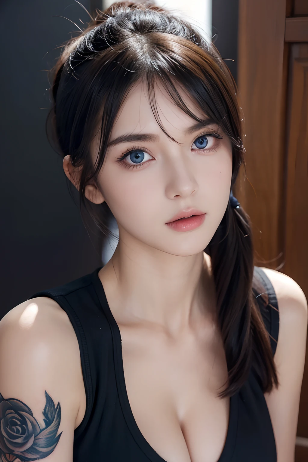 Slender , Highly Detailed Face and Skin Texture, Detailed Eyes, double Eyelids, pony tail, big breasts, cleavage ,beautiful eyes beautiful face, school girl outfit, looking at viewer, tattoo, Exposed cleavage, blue Eyes, big boob, dominatrix school girl,