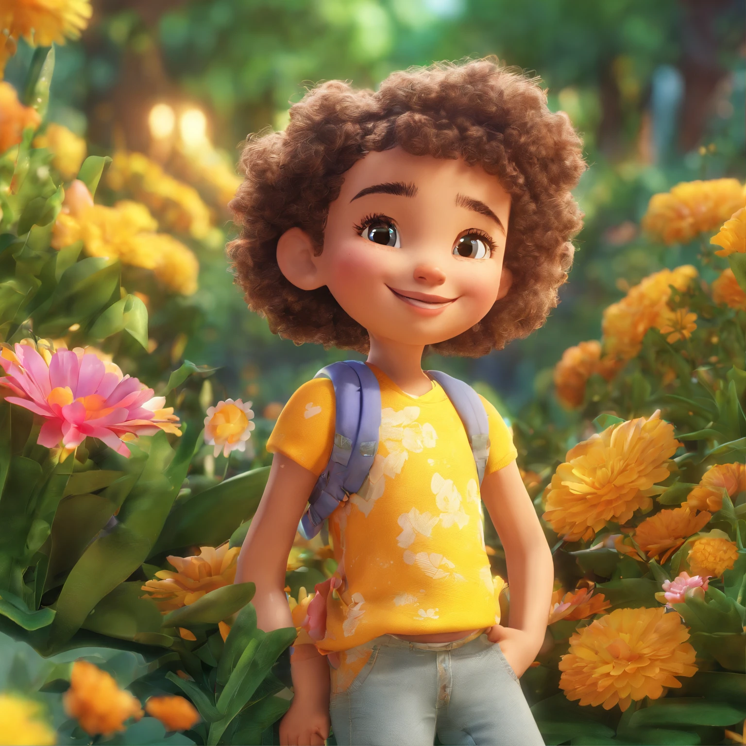 Imagem de uma  de 3 anos com pele clara, cabelo dourado curto, curly and messy, correndo em um jardim na floresta com flores coloridas. She is wearing an adorable outfit and displays a happy and radiant expression. A imagem deve ter qualidade perfeita, with a sharp focus (desordem: 0.8), deve ser uma obra-prima (1.2) e realista (1.2), com um efeito bokeh para melhorar a qualidade. A pele da meninaser detalhada (1.3), com detalhes intrigados. Image resolution should be 8K, com destaque para os detalhes dos olhos e a felicidade da cena. Ademais, o estilo do desenho da personagem deve ser em forma de cartoon