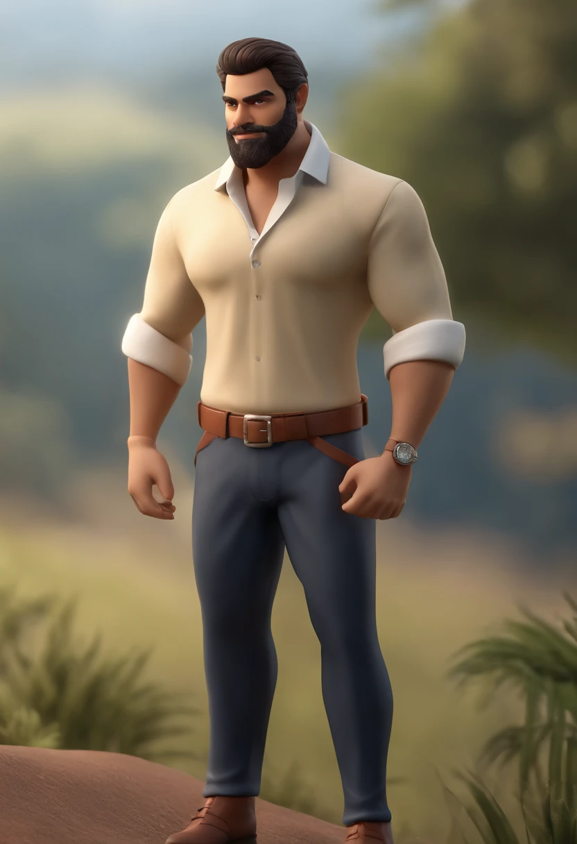 Personagem de desenho animado de um homem de 1,60 metro de altura pesando 74 kilos de barba ao redor do queixo e boca, of short black hair combed to the right side and a cream-colored button-down shirt, Beige trousers, junto com a esposa morena clara de cabelo preto liso volumoso de 1,50 metros pesando 44 kilos, com vestdo de estampa com o fundo creme e folhas verde eescuro um personagem animado, filho moreno claro de 1,50 pesando 39 kilos, cabelo preto liso penteado para o lado direito, light yellow polo blouse and dark blue jeans,Caractere estilizado, animation style rendering, 3D estilizado, Arnold Maya render, 3 d render stylized, toon render keyshot, Personagem 3D, Personagem 3D, 3d rendering stylized, 3 d character render, personagem de desenho animado, Personagem de close up, Pose de personagem, (Estilo Pixar) (master part:1.2) (Bokeh) (best quality) (pele detalhada) (textura detalhada) (8k) (argila) (Cinematic lighting) (foco nítido,Senta e vaza a parte superior do corpo