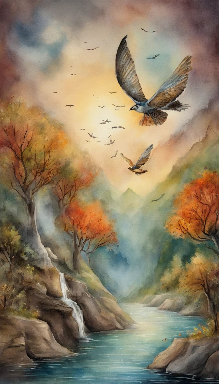 Extremely creative illustration, detailed text representation, altamente detalhado, pintura em aquarela, art-station, arte conceitual, liso, foco nítido: "Uma cena vibrante e envolvente. Imagine a world where words dance and come to life, where characters come off the pages and stories gain wings. In this illustration, We imagine a magical scenario where an open book turns into a portal to a universe of imagination. How pages flow through the air, They turn into elements that make up the scenery – trees that whisper secrets, rivers made of ink and mountains formed by pages.