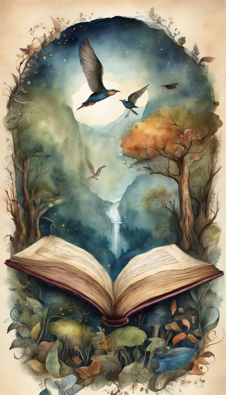 Extremely creative illustration, detailed text representation, altamente detalhado, pintura em aquarela, art-station, arte conceitual, liso, foco nítido: "Uma cena vibrante e envolvente. Imagine a world where words dance and come to life, where characters come off the pages and stories gain wings. In this illustration, We imagine a magical scenario where an open book turns into a portal to a universe of imagination. How pages flow through the air, They turn into elements that make up the scenery – trees that whisper secrets, rivers made of ink and mountains formed by pages.