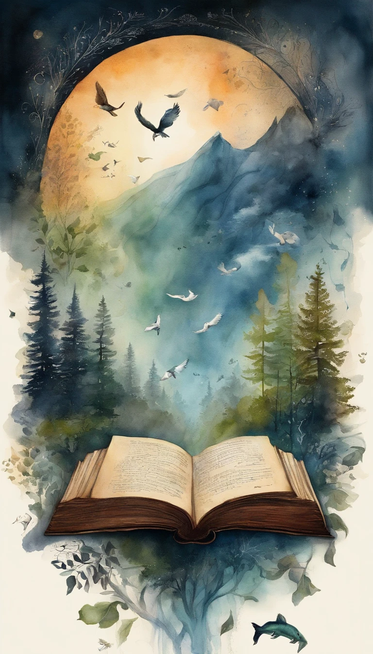 Extremely creative illustration, detailed text representation, altamente detalhado, pintura em aquarela, art-station, arte conceitual, liso, foco nítido: "Uma cena vibrante e envolvente. Imagine a world where words dance and come to life, where characters come off the pages and stories gain wings. In this illustration, We imagine a magical scenario where an open book turns into a portal to a universe of imagination. How pages flow through the air, They turn into elements that make up the scenery – trees that whisper secrets, rivers made of ink and mountains formed by pages.