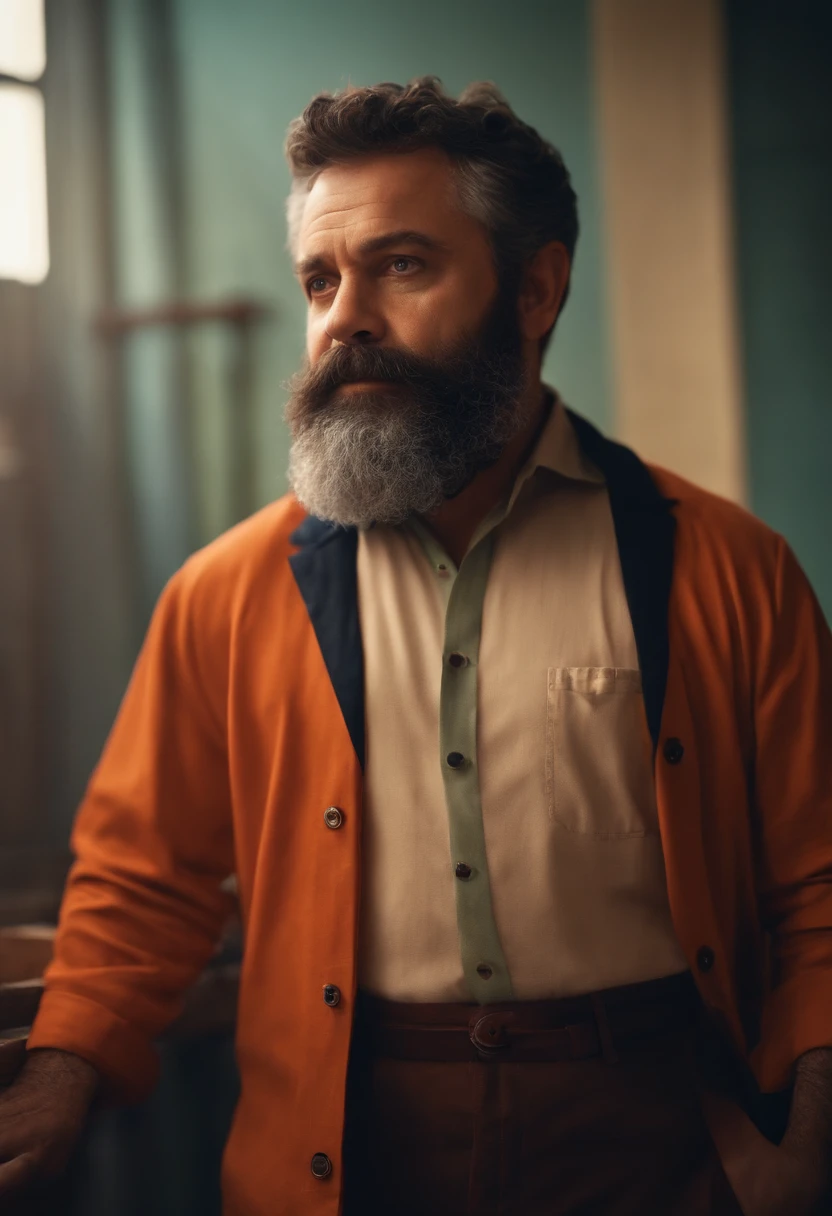 A man with a pixar style beard, cute, high definition, best quality, looking like President Lula, with a prisoner's shirt