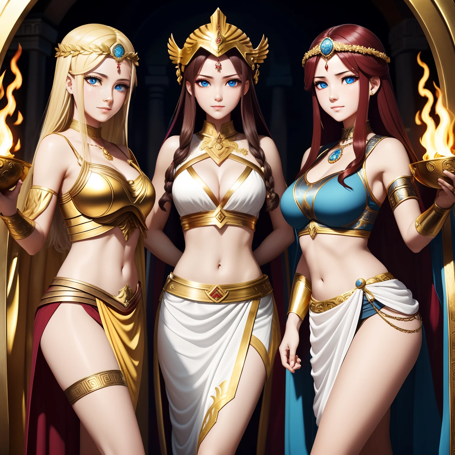 (Three intimate goddesses)Chatting happily in an ancient Greek temple、{The first is the goddess of wild nature and hunting,、(((blonde  hair)))with  the(((blue eyess))))、With fair skin、slender and tall、Show off your perfect long legs、Sleeveless(Very short:1.6)Wearing a white Greek chiton and gold circlet}、{The second is the goddess of war and wisdom、 ((A dark-haired))with  the((grey  eyes))で、With fair skin、((Golden Armor and Corinthian Helmet))}wear a、{The third is the hearth and the goddess of fire、((dark red hair))with  the((darkred eyes))で、With fair skin、Wearing a sleeveless long white Greek toga and veil}、Greek mythology、Mythological atmosphere、Photorealsitic、ultra-quality、The ultra-detailliert、Superhand Description、​masterpiece、 8K, nffswＧ、- A zoom-up of the expressions of the three goddesses who were made to drink a powerful aphrodisiac by a man and continued to feel the stirred with exquisite fingering, sweating and writhing without being able to suppress their pant voices, but closing their eyes with their crimson burning faces, and just enduring the intense pleasure that attacked them