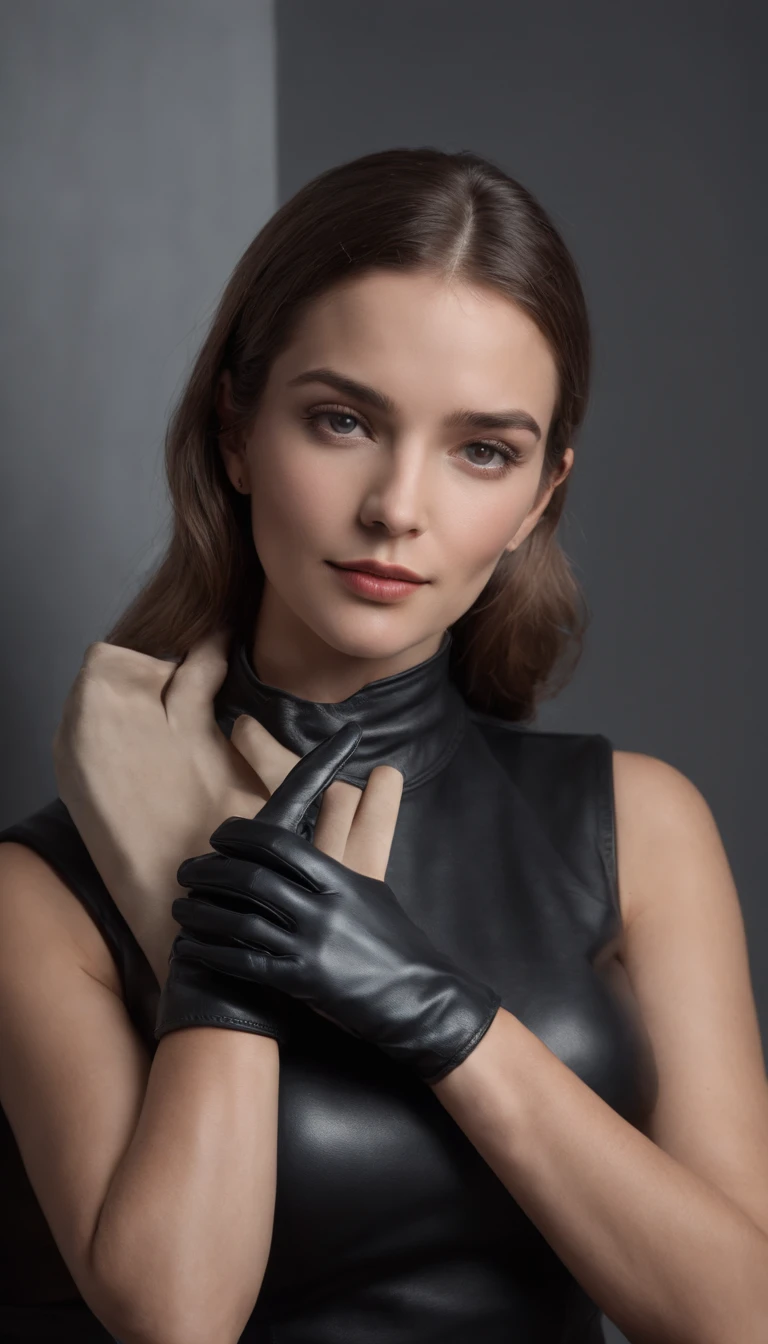 Wearing black leather gloves on both hands, parte superior do corpo, jaqueta preta do cavaleiro de couro, de frente para a mesa no estudo moderno no escuro, olhando para baixo, sorridente, Longas, cabelo castanho com loiro liso, mulher americana jovem, olhos verdes(black leather gloves covering both hands) Sentado em uma cadeira com os dedos de luvas de couro preto, Trabalhando no computador e camera fotografica