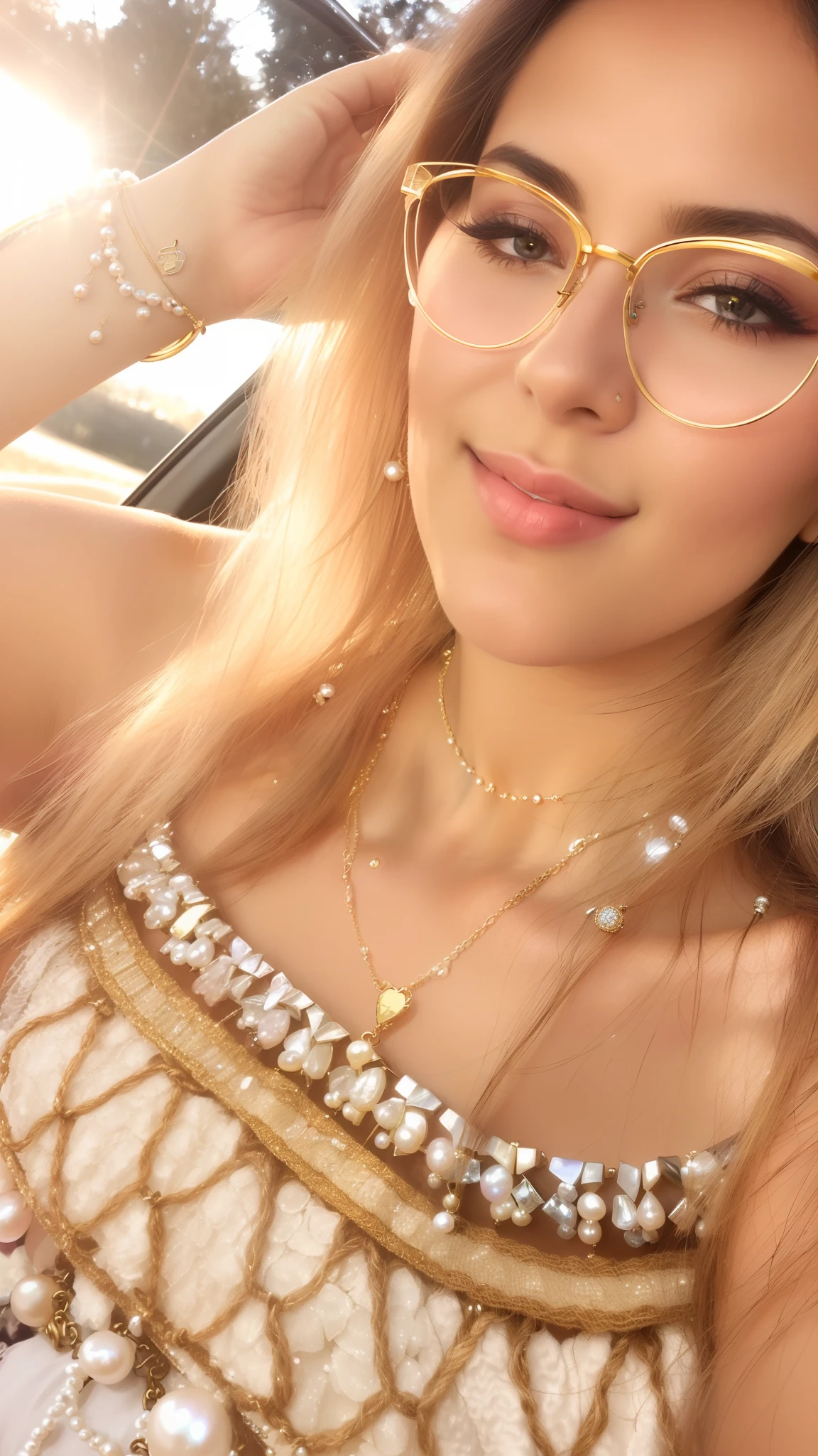 Woman with glasses and a necklace sitting in a car, close up tiro de meio corpo, colar de concha puka, gold and pearl necklaces, neck zoomed in from lips down, neck zoomed in, pequenos detalhes, corpo inteiro disparado de perto, vestindo gargantilha detalhada dourada, non blurry, usando duas pulseiras de prata!, sparkling in the sunlight, pearl choker, wearing several pendants