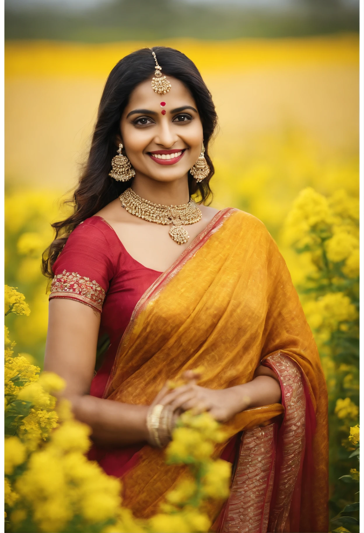 A beautiful Indian Marathi women, Marathi jewellery,Marathi style saree slim figure with mistryus smile face , clear high quality image background is agriculture land full of mustard plant