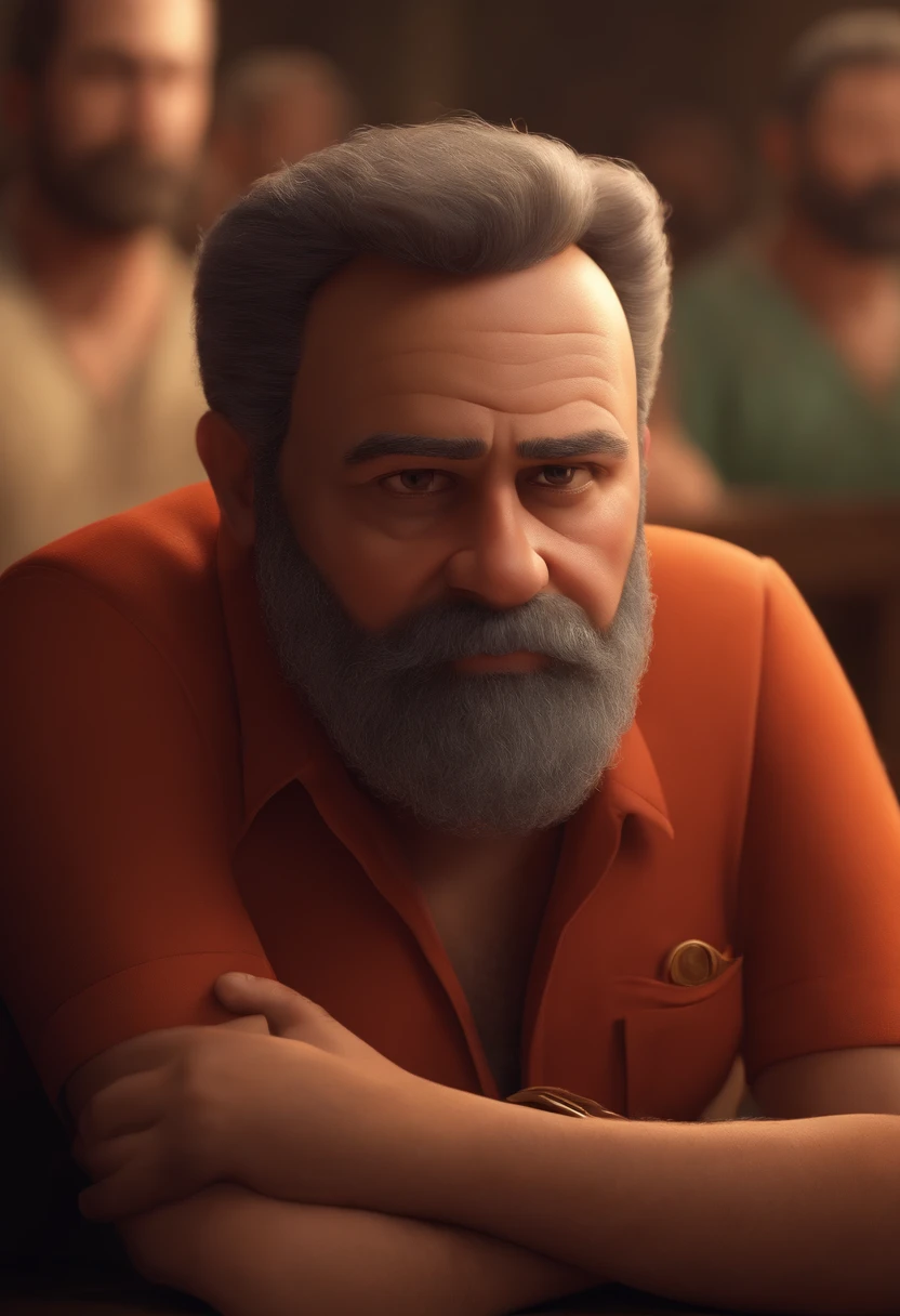 (best quality,high definition,pixar-style:1.1),a man with a beard, wearing a prisoner's shirt, reminiscent of President Lula
