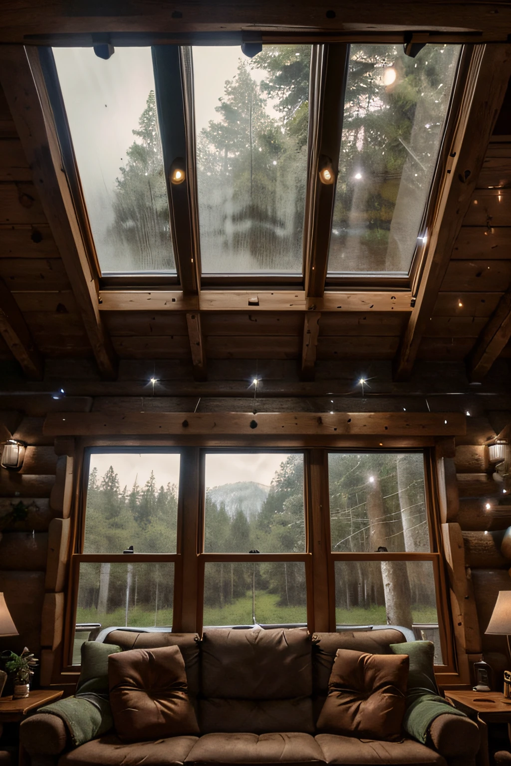 a close up of a couch in a room with a skylight, designed for cozy aesthetics!, wide shot of a cabin interior, lights are on in the windows, cozy lighting, cavernous interior wide shot, very magical and dreamy, large windows to forest at night, cabin lights, with backdrop of natural light, inside on a rainy day, inside of a cabin
