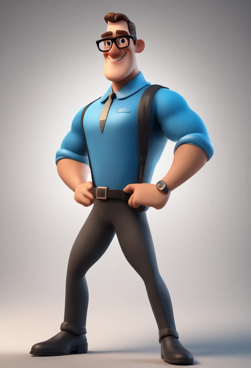 Cartoon character of a man with black glasses and a blue shirt, animation character, Caractere estilizado, animation style rendering, 3D estilizado, Arnold Maya render, 3 d render stylized, toon render keyshot, Personagem 3D, Personagem 3D, 3d rendering stylized, 3 d character render, personagem de desenho animado, Personagem de close up, Pose de personagem,  (Estilo Pixar) (master part:1.2) (Bokeh) (best quality) (pele detalhada) (textura detalhada) (8k) (argila) (Cinematic lighting) (foco nítido