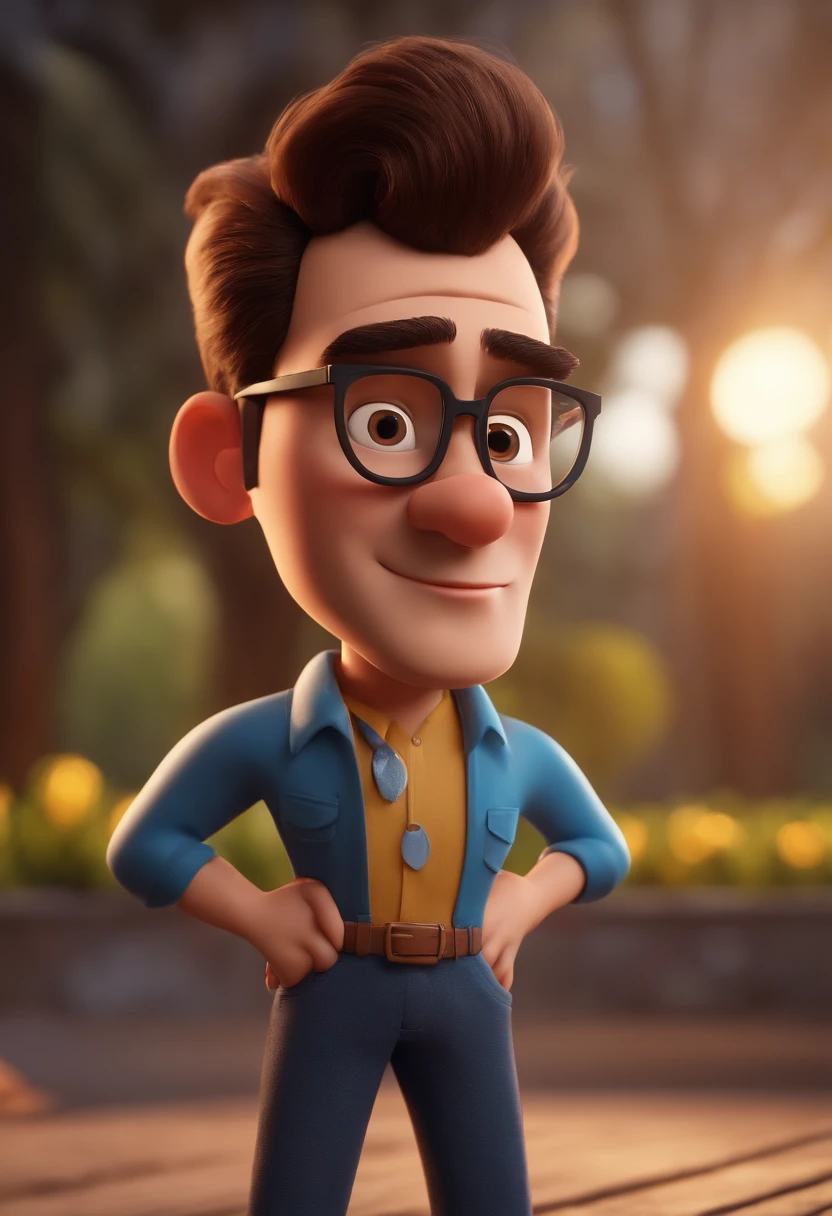 Cartoon character of a man with black glasses and a blue shirt, animation character, Caractere estilizado, animation style rendering, 3D estilizado, Arnold Maya render, 3 d render stylized, toon render keyshot, Personagem 3D, Personagem 3D, 3d rendering stylized, 3 d character render, personagem de desenho animado, Personagem de close up, Pose de personagem,  (Estilo Pixar) (master part:1.2) (Bokeh) (best quality) (pele detalhada) (textura detalhada) (8k) (argila) (Cinematic lighting) (foco nítido