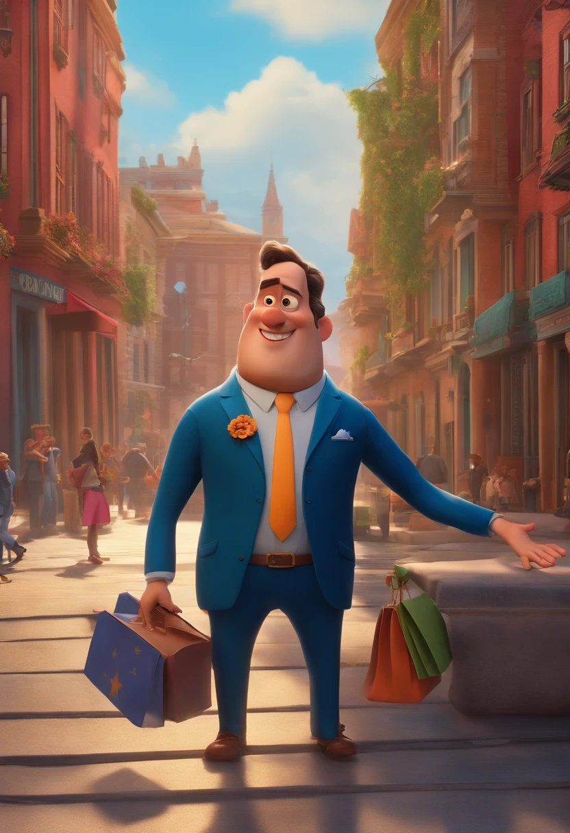 A city councilman looking at a dream project inspired by Pixar animation, de perto. The character takes center stage with captivating facial expressions, oferecendo um toque de irrealidade