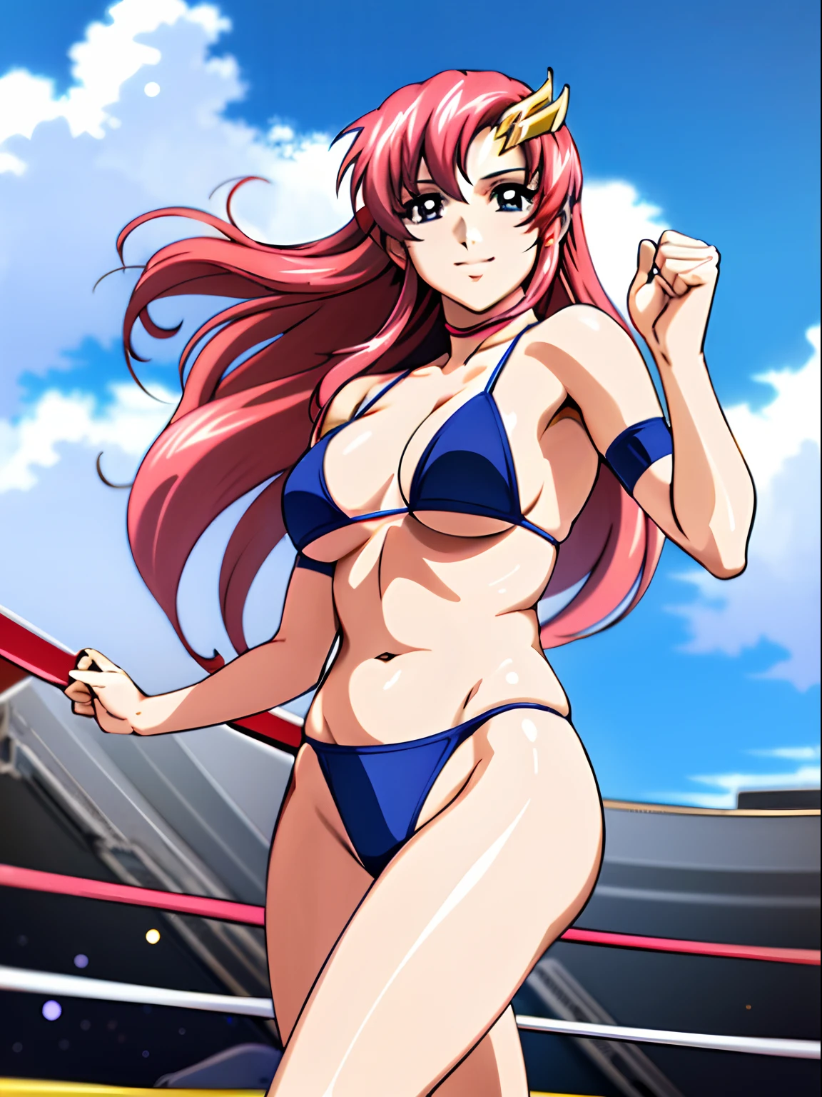(masterpiece, far view, 4K, Best Quality, Anime style: 1.9,, Adult Woman, ultra detailed face, (cloud background, wrestling), Drawing lines, high resolution, Anime, lacus4), 1girl, Solo, curvy figure, Long hair, 鎖骨, scapular, (Detailed wide hair bangs, Hair Ornament, Detailed reddish-pink hair, golden crest), cleavage, large hands, (female wrestler). (Big blue eyes, shiny eyes), ((female wrestler, little biceps, slender body, broad shoulders, closed fists)), ((perfect proportions, medium breasts, long belly)), (((micro bikini, pink wrestling gear, champion))), happy, smile, , (belly dancing, looking at the viewer), , showing off underarm, (elegant lady), microphone,