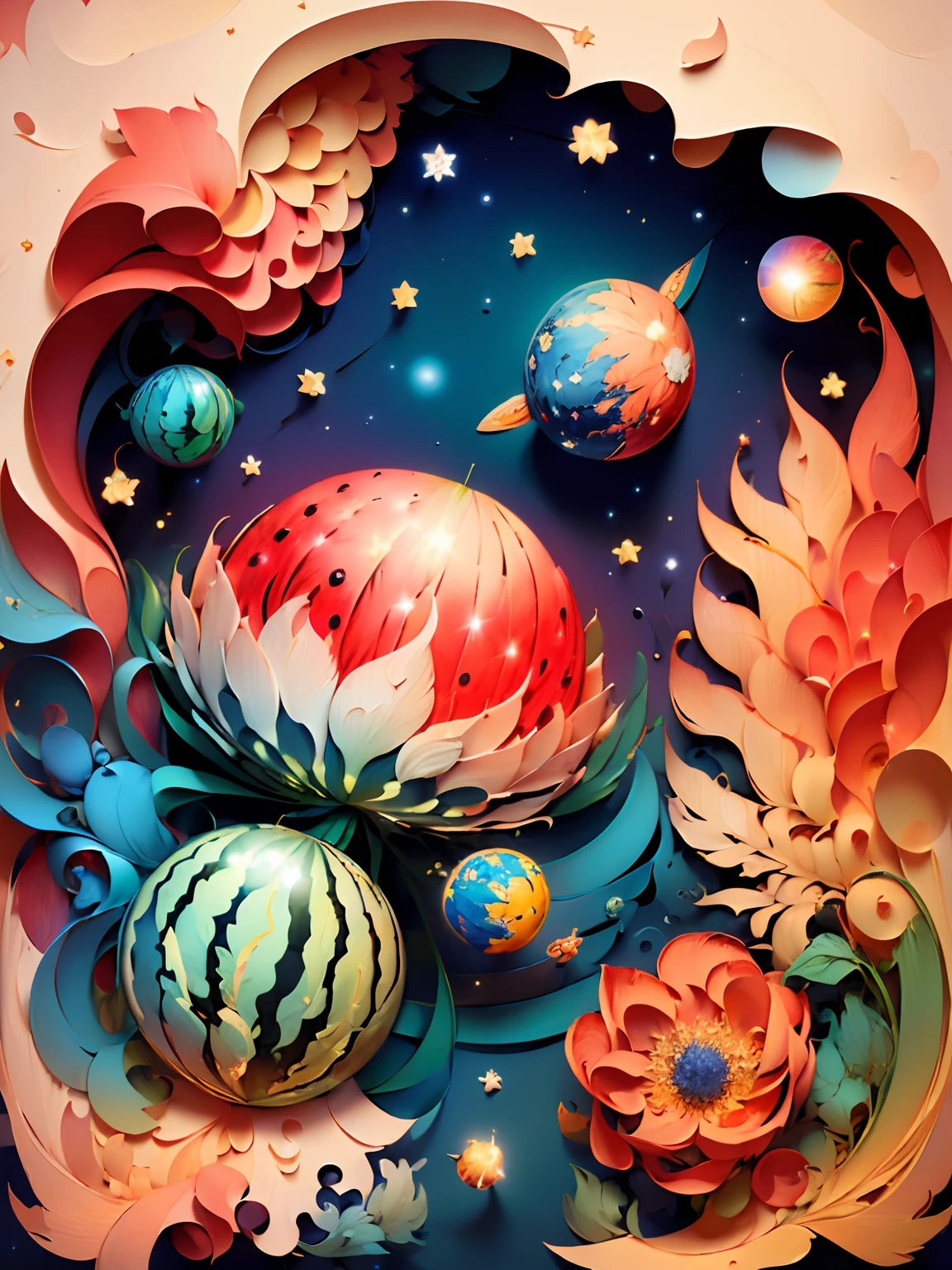 ((((Masterpiece))), Best Quality, Illustration, Earth, Universe, Water, Fire, Wind, Space, paper_cut, with watermelon color theme