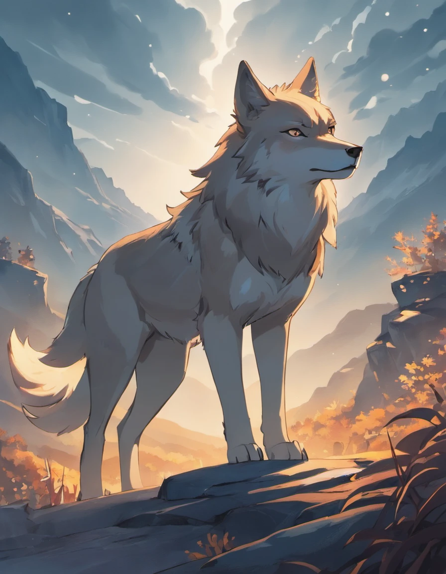 A wild wolf, a guardian spirit of an ancient tribal realm, standing atop a rocky plateau overlooking a vast expanse of rugged terrain. The wolf's fur shimmers with ethereal hues, reflecting the spirits of the land. The landscape is bathed in a warm, sepia-toned light that adds a sense of nostalgia and reverence. The style of this image is influenced by Native American art and symbolism. The image should be a digital illustration that combines the wolf's presence with spiritual elements. Use a wide-angle camera lens to capture the grandeur of the landscape and the wolf's commanding stance. Lighting should emphasize the spiritual significance of the scene, creating a connection between the wolf and the land it watches over.