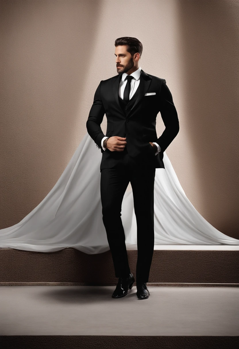 Acima、Make a handsome 30-year-old man in a black suit and tie, CEO, cabelos castanhos e barba, (Homem de terno preto e gravata), ), (Use barba,) Atraente, Serious and kind look, cabelo preto curto, elegante e elegante, Shave comfortably in suit and strong body, (alta qualidade, imagens realistas), Preto escuro e claro no fundo da imagem, Estilo de filme, ((Qualidade Premier, 8k, tmasterpiece), Ultra High Definition Photo, (lindos rostos detalhados, textura da pele do detalhe, Corpo hiperdetalhado:1.1)