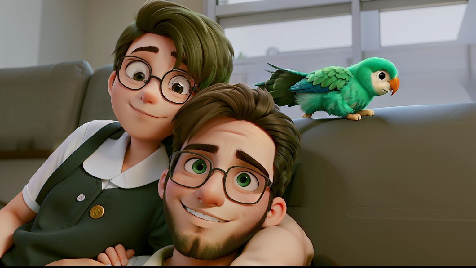Casal de jovens, 23 anos, Boyfriends sitting on sofa hugging while their pet parakeet pecks at boyfriend's hair on the right side. A menina com cabelos cacheado armado preto e o namorado com barba rasa preenchida ambos com olhos grandes e um passaro verde ao lado direito do namorado brincando com seu cabelo