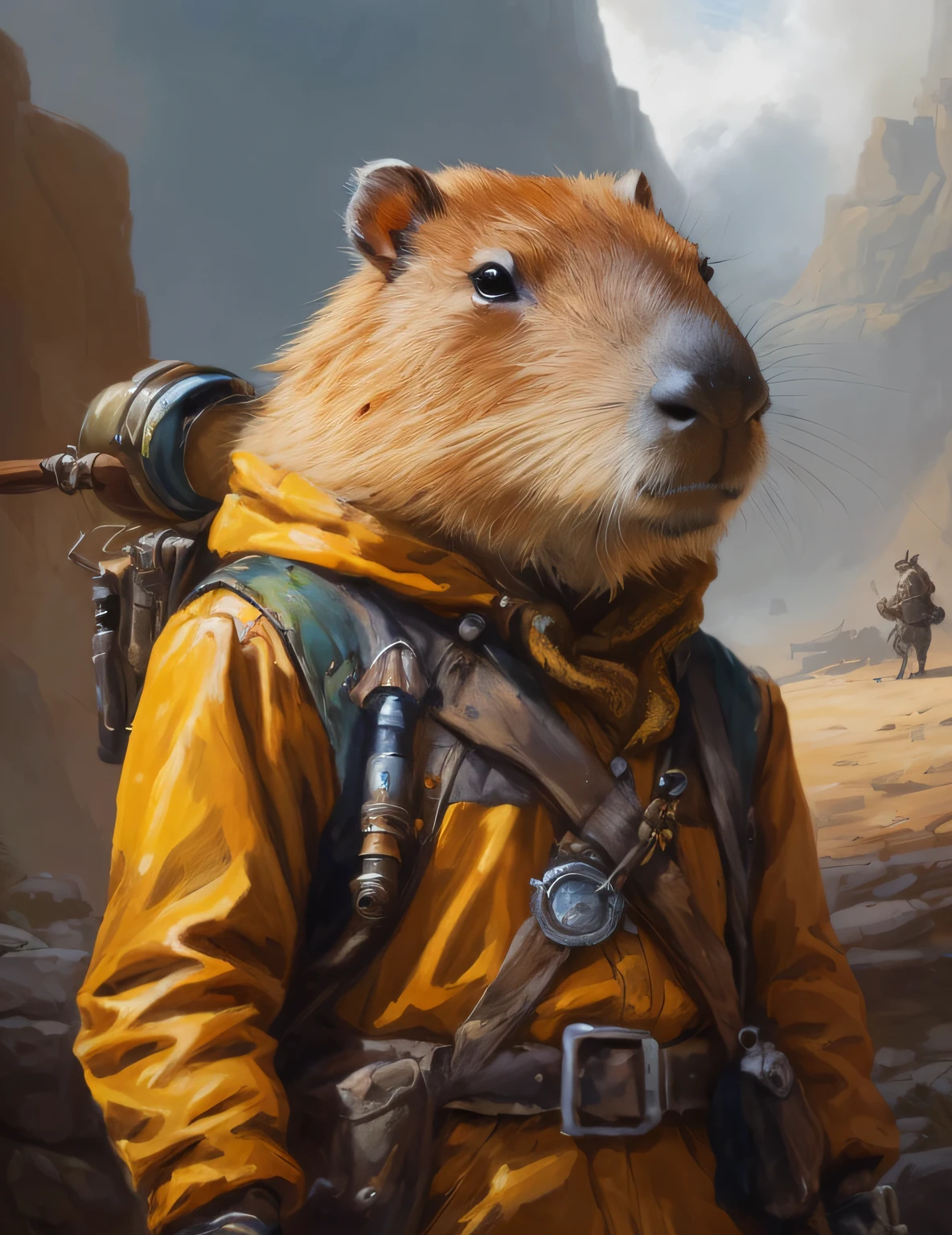 (masterpiece, best quality, detailed), painting of a rodent in a yellow jacket, capybara pirate, anthropomorphic capybara, postapocalyptic explorer, portrait of an adventurer, hyperrealistic, d & d fantasy art, stunning digital illustration,