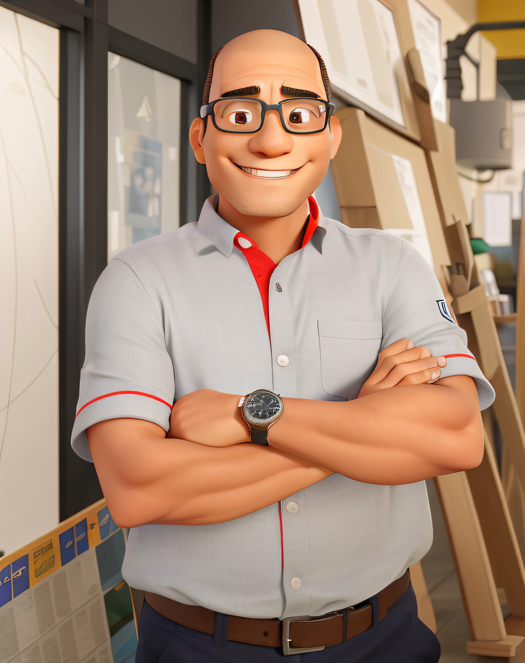 um homem meio careca, com sorriso no rosto, de oculos de grau, Arms crested with watch on wrist, Sivil Construction Shop Background.