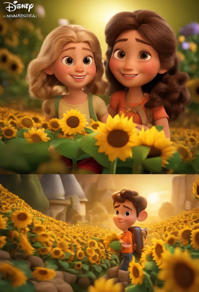 Create a Disney PIXAR-style 3D poster. ((centro da imagem, Triplets)), ((3 children)) ((1 menino no meio e 2 meninas ao lado, They're hugging each other, O menino tem pele castanha e cabelos castanhos escuros e olhos castanhos escuros, 1 menina tem pele clara, olhos e cabelos escuros e cacheados, e a outra menina tem pele morena, olhos escuros e cabelos escuros e lisos)) ((tudo isso no estilo Disney PIXAR 3D, In the background, A house of sunflowers, Gloria Studio, The garden is full of nature 3D render RTX clay material, estilo de design cartunesco, POP Mart, soft lighting, linhas suaves, Spring tilt, Detailed illustrations of PIXAR 3D, Detalhes hiper-realistas, cor quente no estilo Disney PIXAR 3D))
