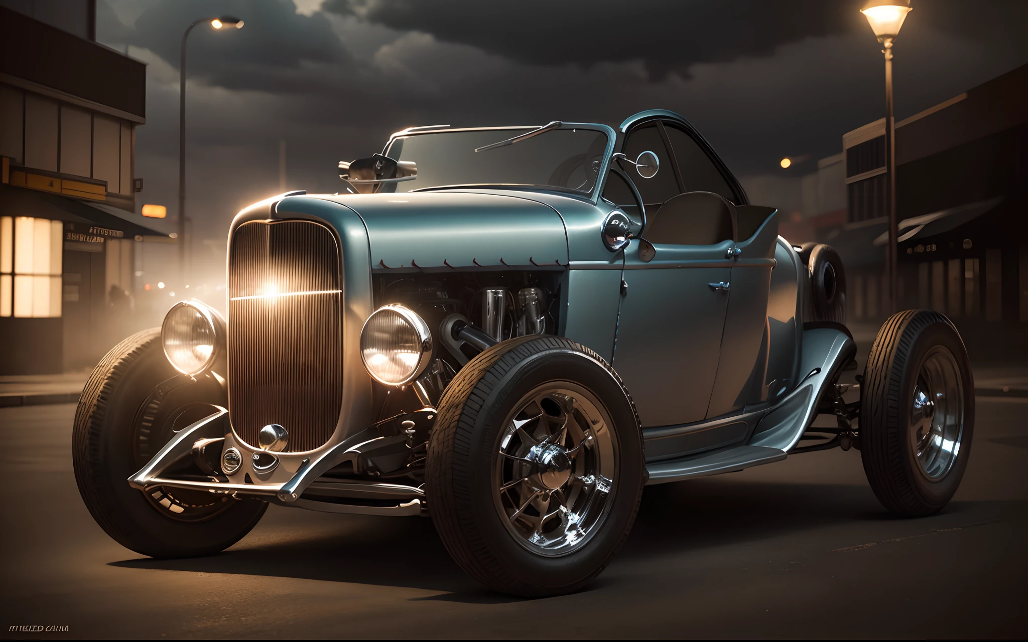a 1932 Ford Hot Rod with the headlights on with custom wheels. Editorial photo shoot in the city center on a cloudy and humid night. Cinematic lighting.