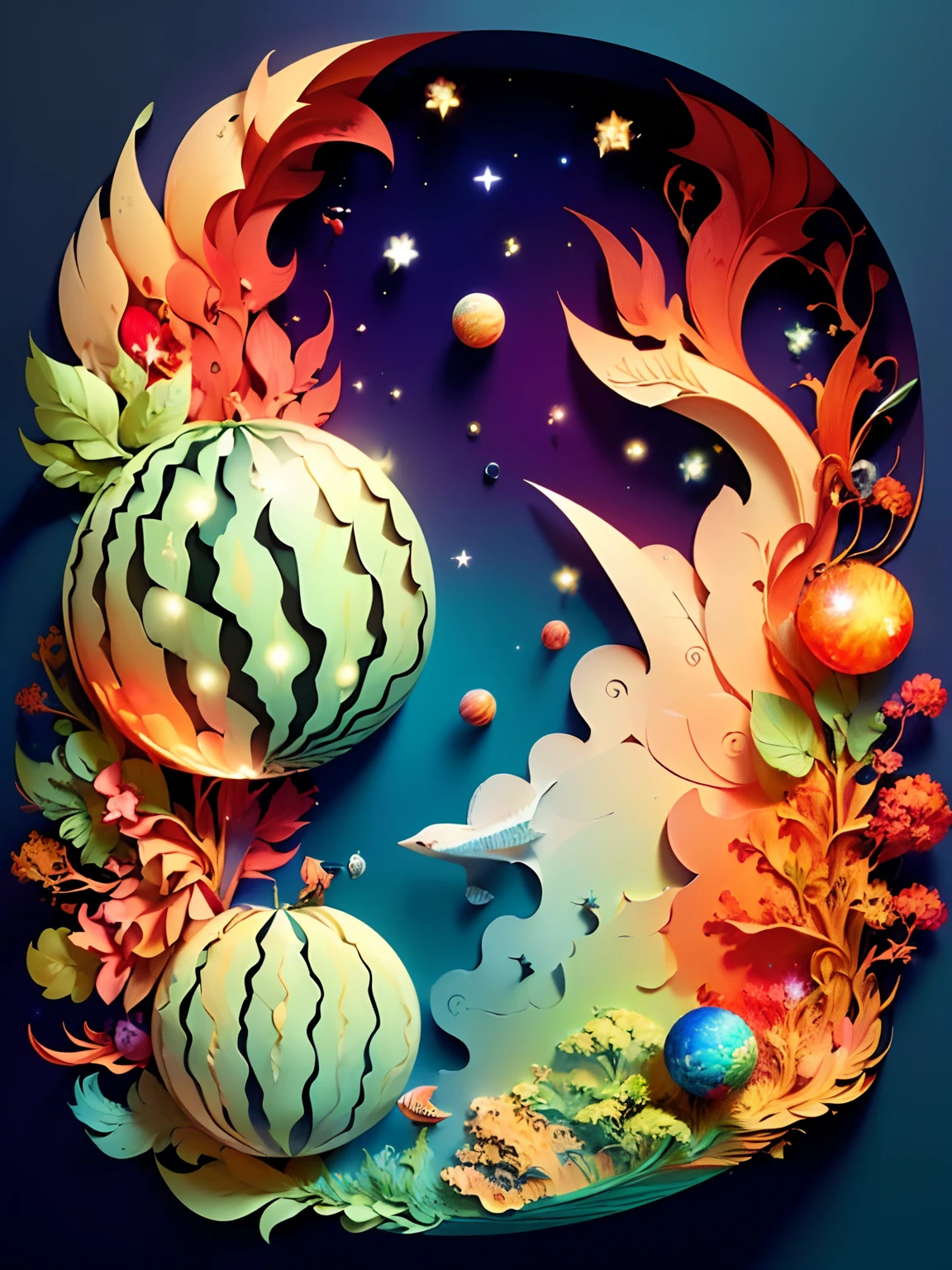 ((((Masterpiece))), Best Quality, Illustration, Earth, Universe, Water, Fire, Wind, Space, paper_cut, with watermelon color theme
