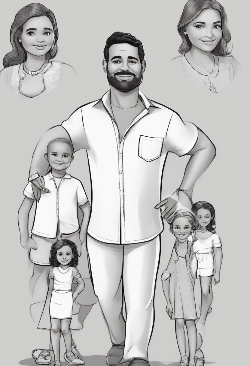 imagem de um pai chamado Marcos, Feliz, 49 anos, fino, pele branca, Cabelo preto pequeno, frontal baldness, olhos castanhos escuros; Next to him, Standing, Her twin daughters, Feliz, Holding hands, 5 anos; longos cabelos loiros, olhos castanhos claros, encaracolado, corpo inteiro; roupas casuais no estilo 3D da Pixar