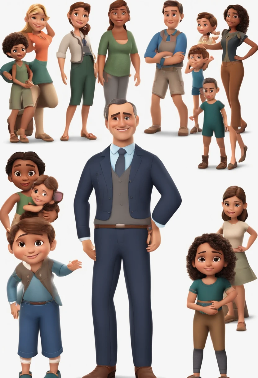 imagem de um pai chamado Marcos, Feliz, 49 anos, fino, pele branca, Cabelo preto pequeno, frontal baldness, olhos castanhos escuros; Next to him, Standing, Her twin daughters, Feliz, Holding hands, 5 anos; longos cabelos loiros, olhos castanhos claros, encaracolado, corpo inteiro; roupas casuais no estilo 3D da Pixar