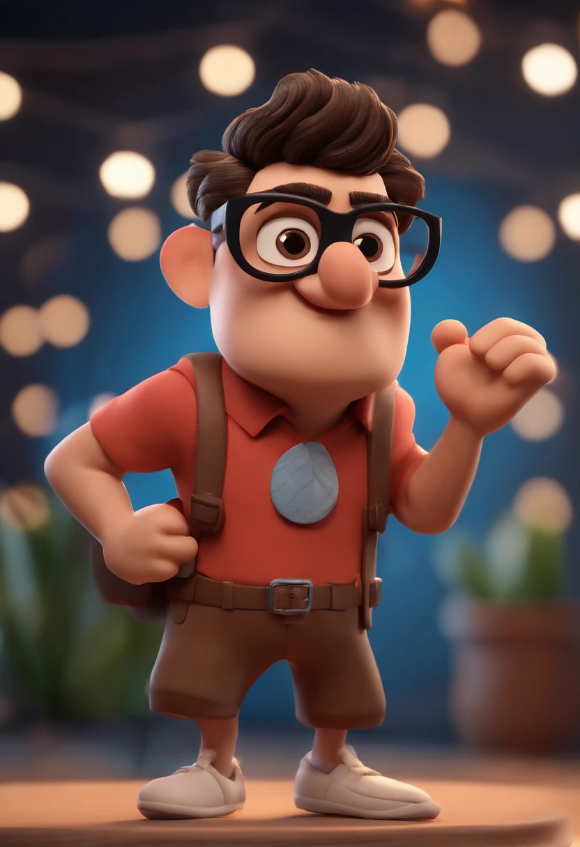 Cartoon character of a man wearing black glasses and a blue shirt, um personagem animado, Caractere estilizado, animation style rendering, 3D estilizado, Arnold Maya render, 3 d render stylized, toon render keyshot, Personagem 3D, Personagem 3D, 3d rendering stylized, 3 d character render, personagem de desenho animado, Personagem de close up, Pose de personagem, (Estilo Pixar) (master part:1.2) (Bokeh) (best quality) (pele detalhada) (textura detalhada) (8k) (argila) (Cinematic lighting) (foco nítido，Senta e vaza a parte superior do corpo
