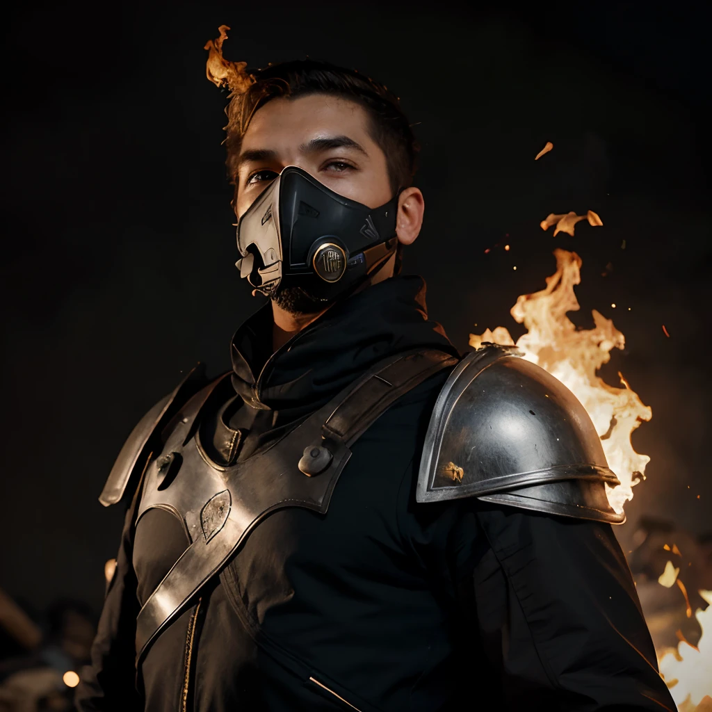 Arte de um guerreiro elemental de fogo, Character with a fire head and a respirator, usando uma armadura negra, no estilo de arte video game, com um olhar raivoso, feito de fogo vermelho, And a suit of armor that goes all the way to your neck, um respirador em seu rosto, A black cape up to your shoulders