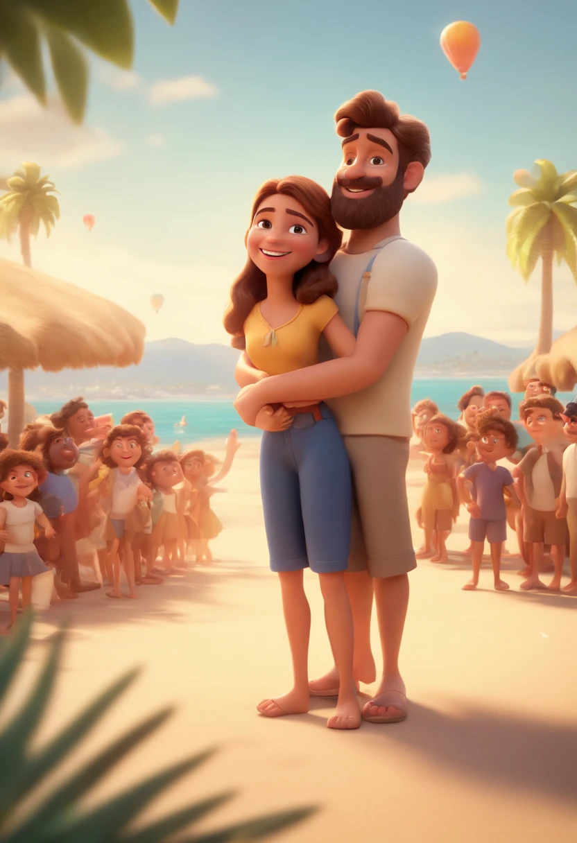 Cartoon man with brown hair and brown beard in front of a crowd, 3D animated film, animation film, Pixar 3D-Animationsstil, pixar renderman rendering, Maia 8 Mil, animation film, Disney Pixar Estilo 3D, With a smile on my face and standing on the beach, Em outra foto, The same guy hugs his girlfriend with his blond hair up