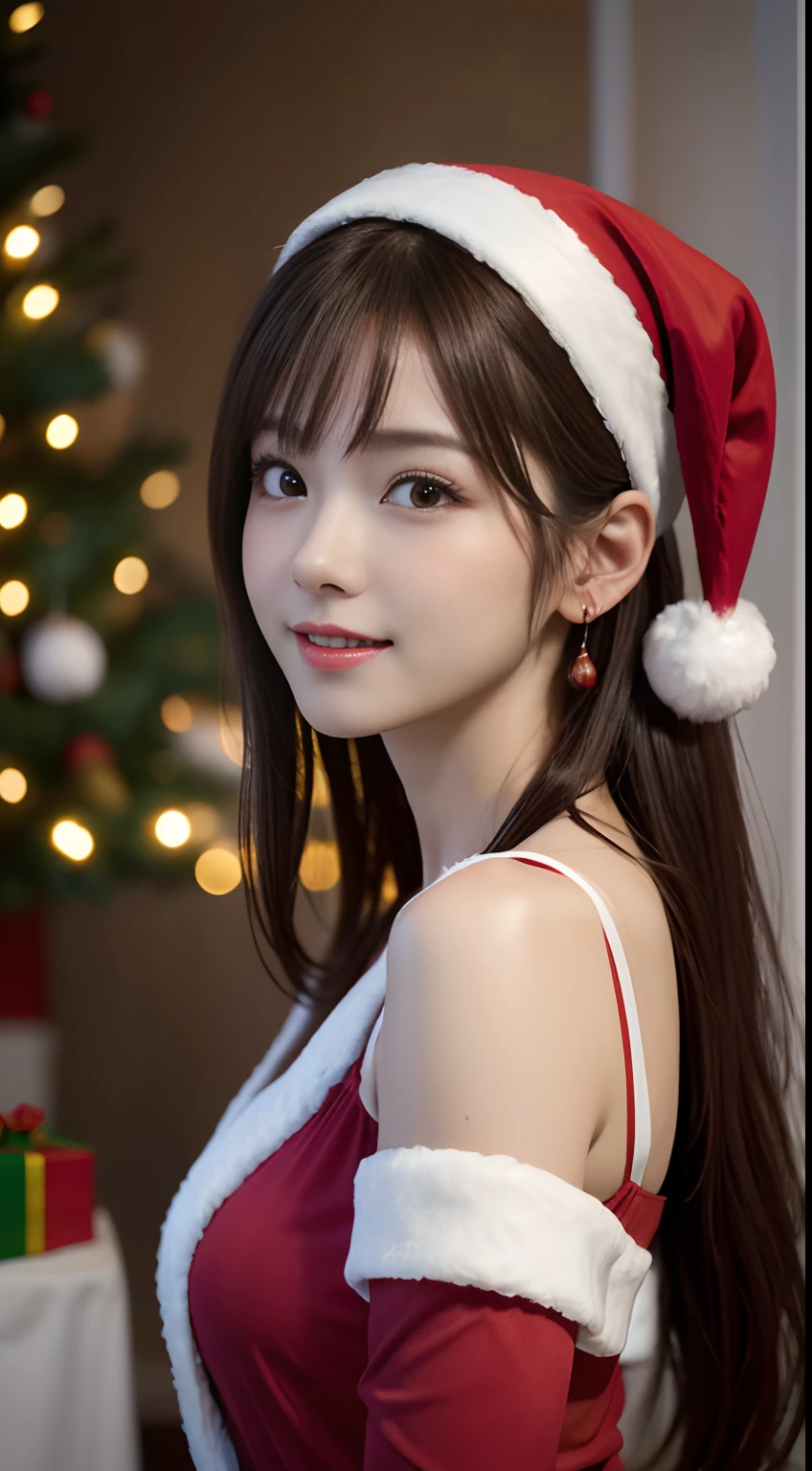 White see-through blouse,Face Interview, (Photo Real:1.4), (hyper realisitic:1.4), (realisitic:1.3), (Smooth lighting:1.05), (Improve video lighting quality:0.9), 1womanl, (An 18-year-old woman:1.2), Realistic lighting, Back lighting, Facial light, raytrace, (cheerfulness:1.2), (Improved image quality:1.4), (Finest Real Textured Skins), finely eye, a small face, Red cheeks, skinny body, medium-breasted pointed jaws,,,,,,,,,,, Korean Idol, Nogizaka Idol, glowy skin, hposing Gravure Idol, P, Blunt bangs, light brown hair, hair behind ear, hair over shoulder, Long hair,Tear bag,Christmas、(Santa Cos:1.3)