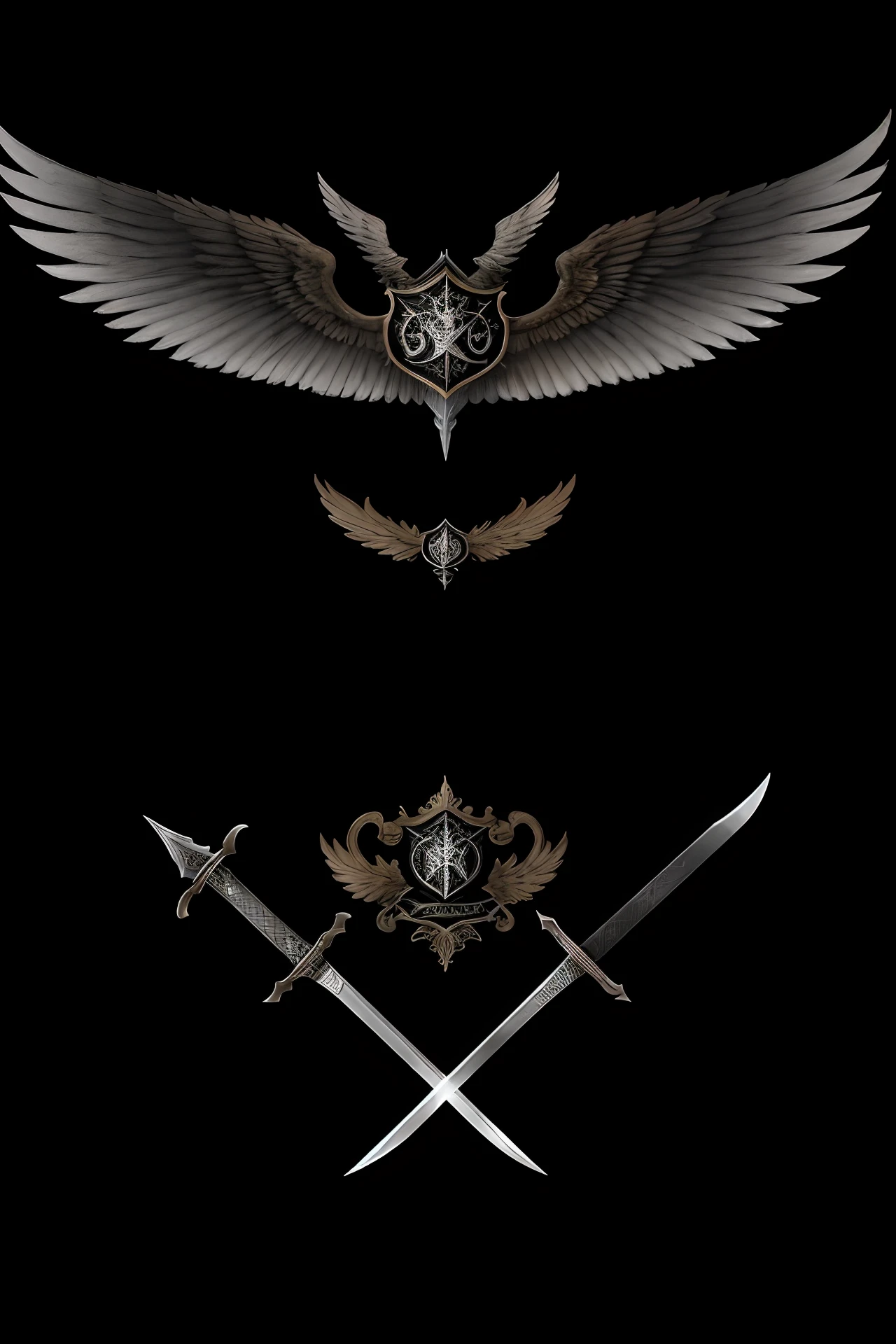 Hunters crest, CH initials, swords, wings
