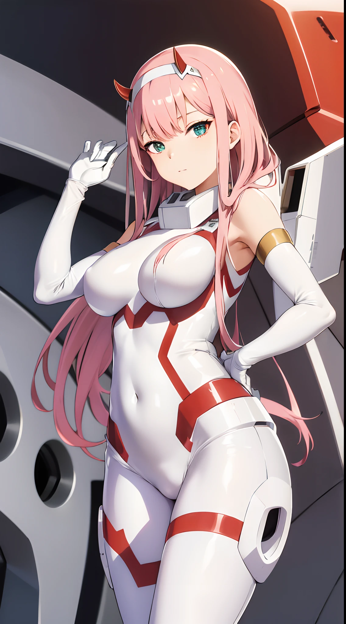 masterpiece, best quality, highres, cczero2, long hair, horns, hairband, white bodysuit, pilot suit, gloves, standing, cowboy shot