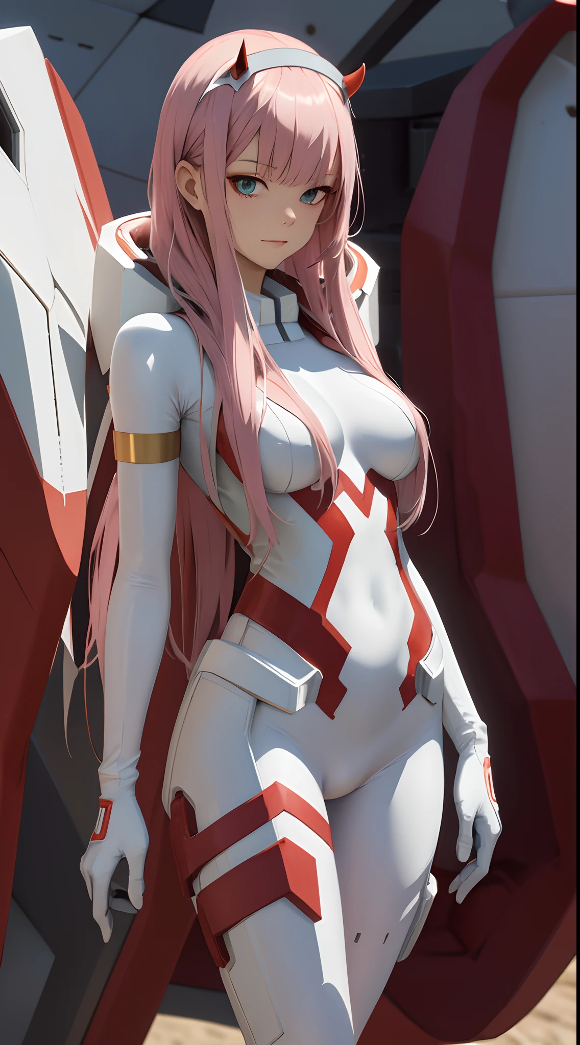 masterpiece, best quality, highres, cczero2, long hair, horns, hairband, white bodysuit, pilot suit, gloves, standing, cowboy shot